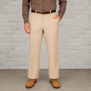 Vintage 70s Wright Permanent Press Pants Mens 34x28 Beige Plaid Windowpane Retro